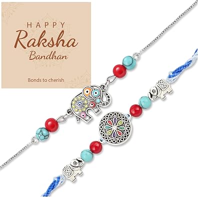 Trinckle Rakhi for Brother Bhabhi Kids Raksha Bandhan Rakhi Gift Set | Ganesha Traditional Rakhi for Brother, Set of 2 Bhaiya Bhabhi Rakhis and Evil Eye Bracelets with Greeting Cards