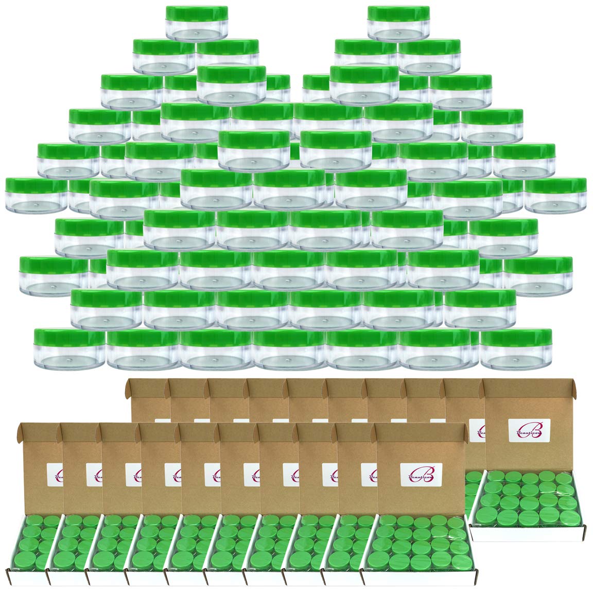 (Quantity: 1000 Pieces) Beauticom 10G/10ML Round Clear Jars with GREEN Lids for Scrubs, Oils, Salves, Creams, Lotions, Liquid, Powder, Glitter, Sample Products - BPA Free