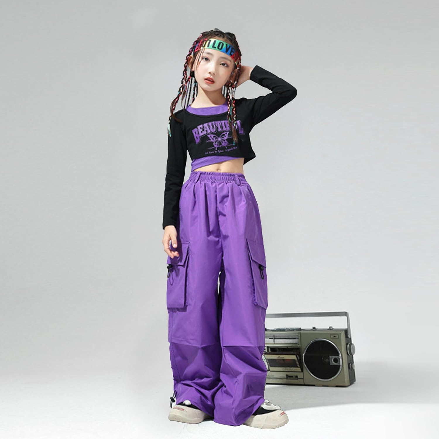 LOLANTA Girls Hip Hop Dance Clothes 2 Piece Outfits Jazz Team Long Sleeve Crop Top Cargo Pants Set - Image 2