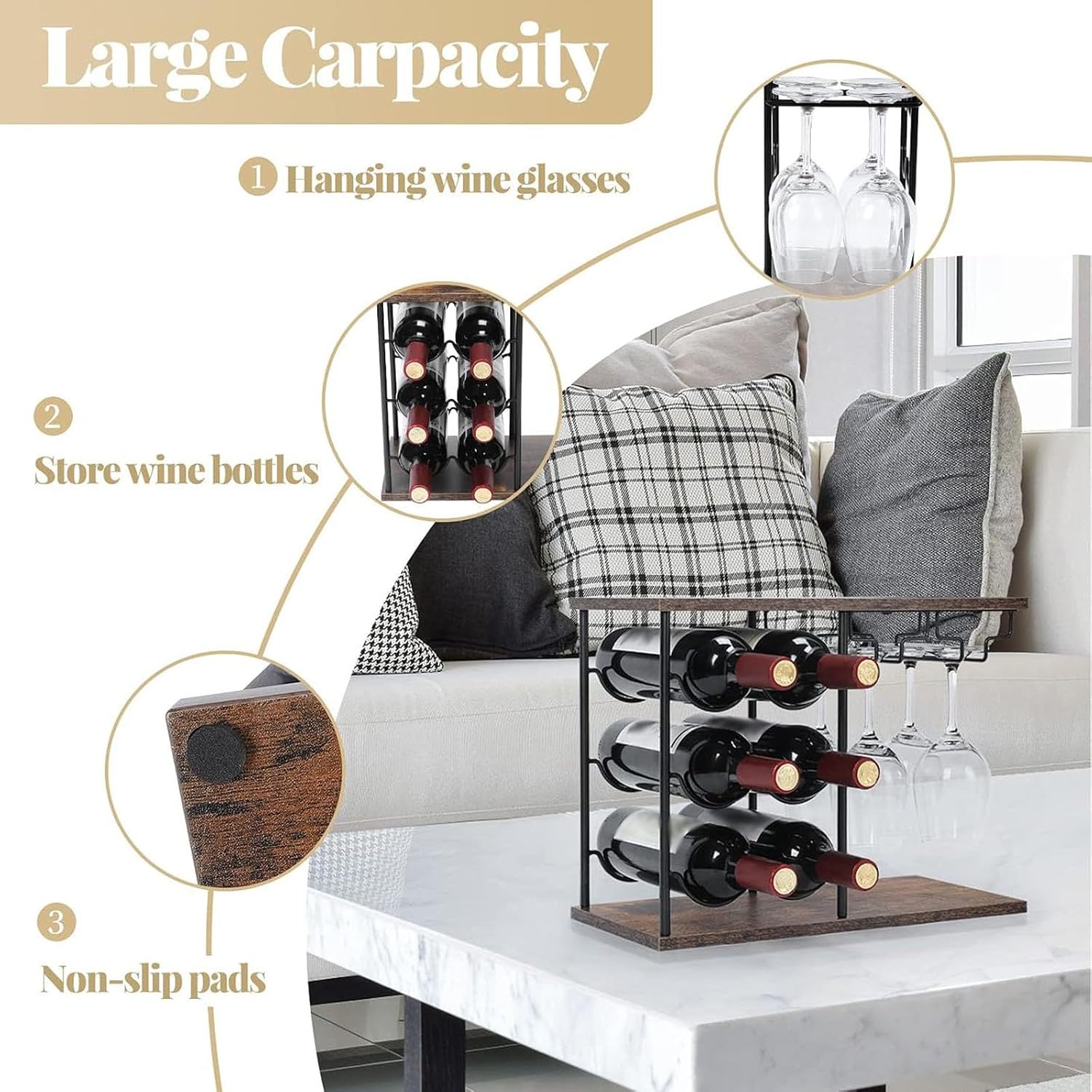 Countertop Wine Rack, Freestanding Wine Bottle Holder with Serving Tray, Space-Saving Wine Storage Organizer for Home Bar Kitchen Counter Cabinet