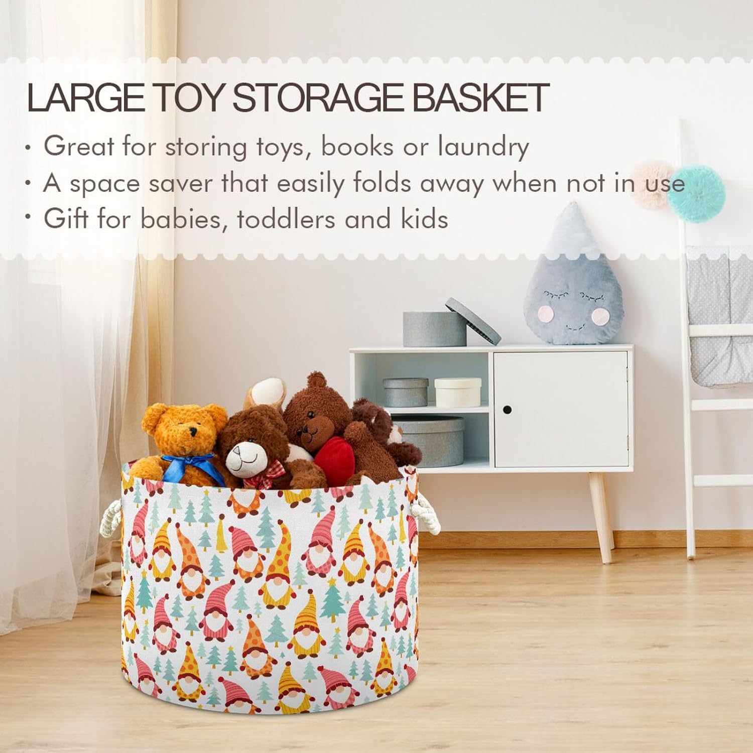 Bolaz Large Storage Basket Colorful Christmas Gnome Toy Storage Box Organizer Bins with Handles Laundry Hamper Basket for Home Decor