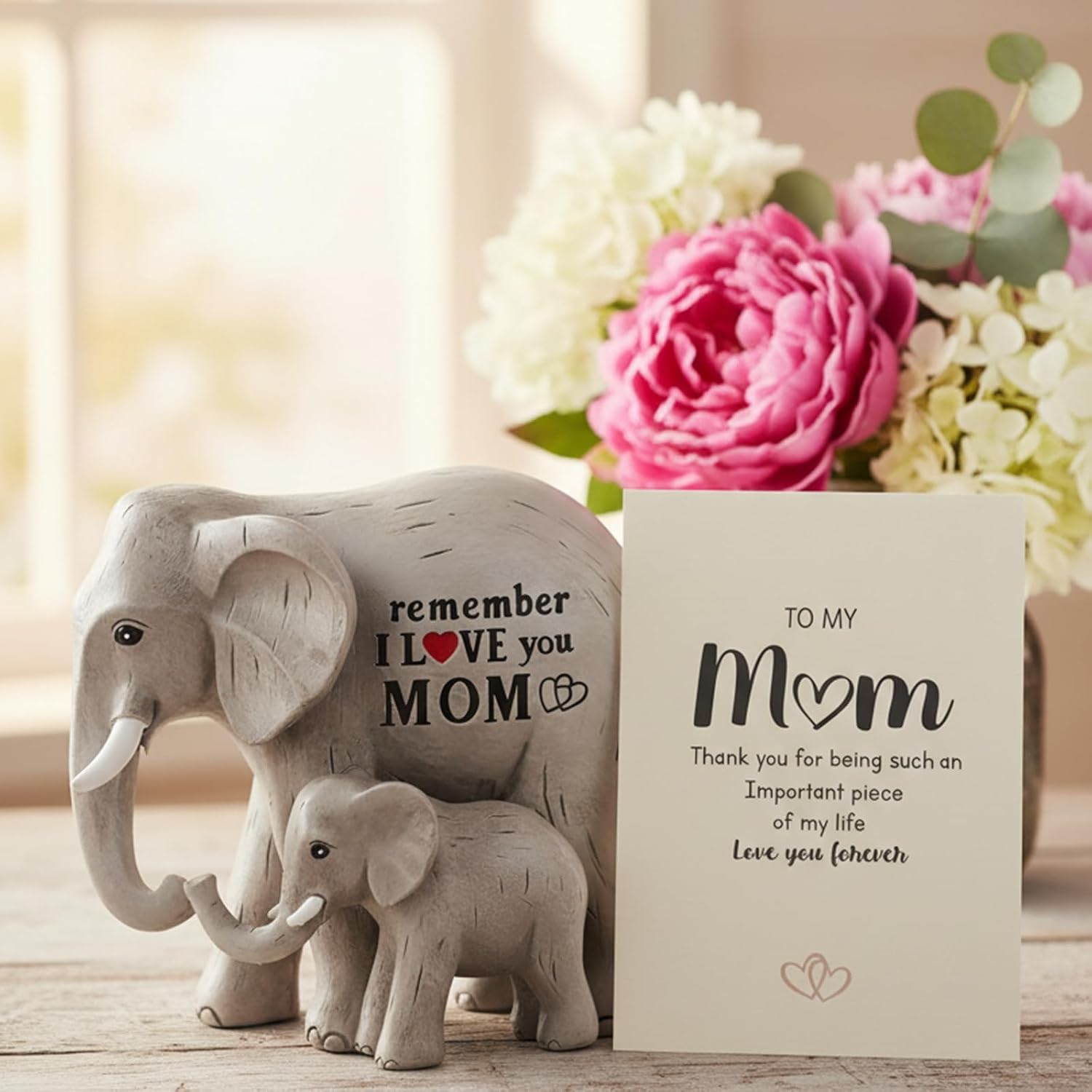 Elephant Gifts for Mom,Resin Mother's Day Birthday Gift for Mom from Daughter Son, Includes Gift Card, Sentiment Elephant Mother & Baby Figurine, Unique Desk Home Decor