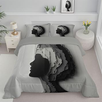 Full Comforter Set Head Outline Soft Easy-Wash Bedding Set Paper-Cutting Art Lightweight Quilted Comforter with Pillow Shams for All Season 80 x 90in, Grey