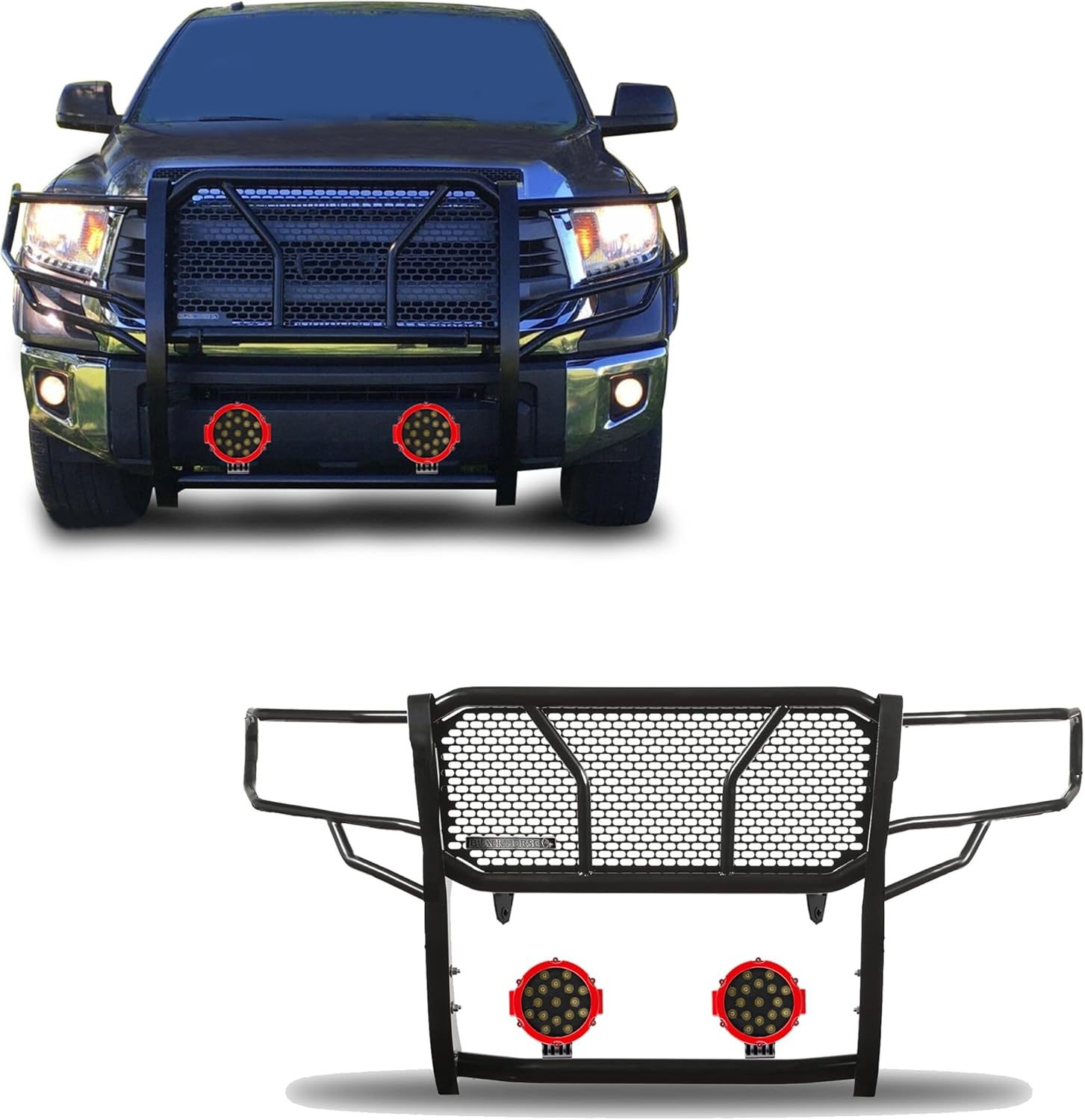 Black Horse RUGGED Heavy Duty Grille Brush Bumper Guard Modular Black Come With pair of 7.0"Dia.LED Lights with Red Trim Rings Compatible with 2007-2020 Tundra|2008-2022 Sequoia-RU-TOTU07-B-PLR