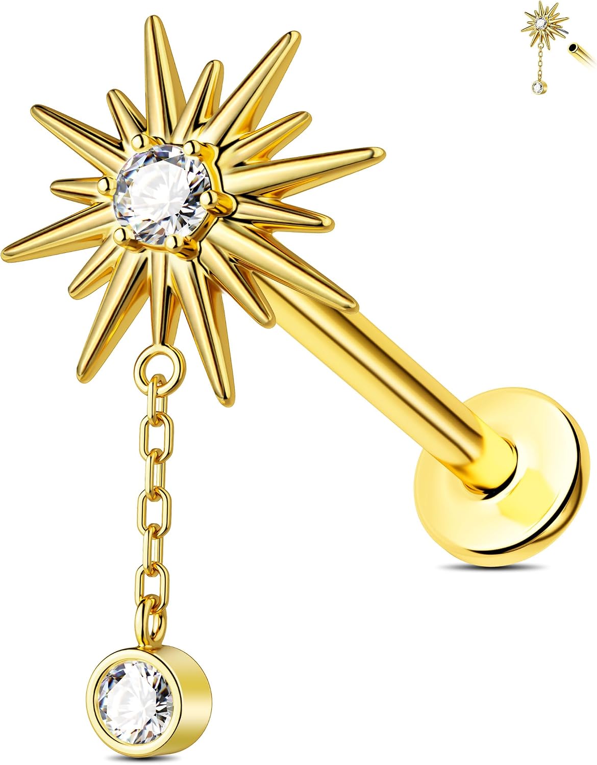 Jewseen 14K Solid Gold Threadless Flat Back Earrings 16g Cartilage Stud Dangle Tragus Stud Earrings for Women Men