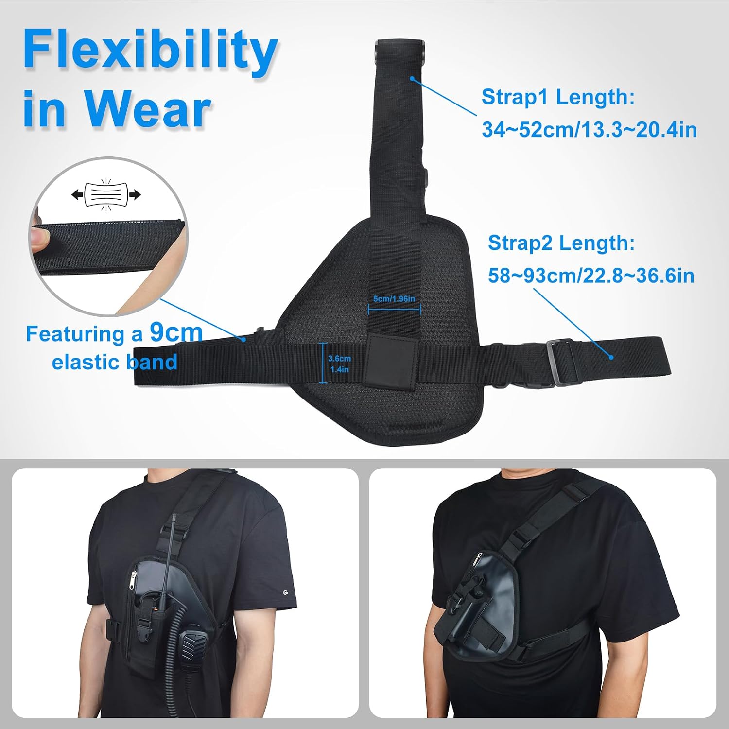 Two Way Radio Chest Harness Walkie Talkie Shoulder Holster with Zippered Pocket for Motorola Baofeng Icom Midland Ham HTs（Black）