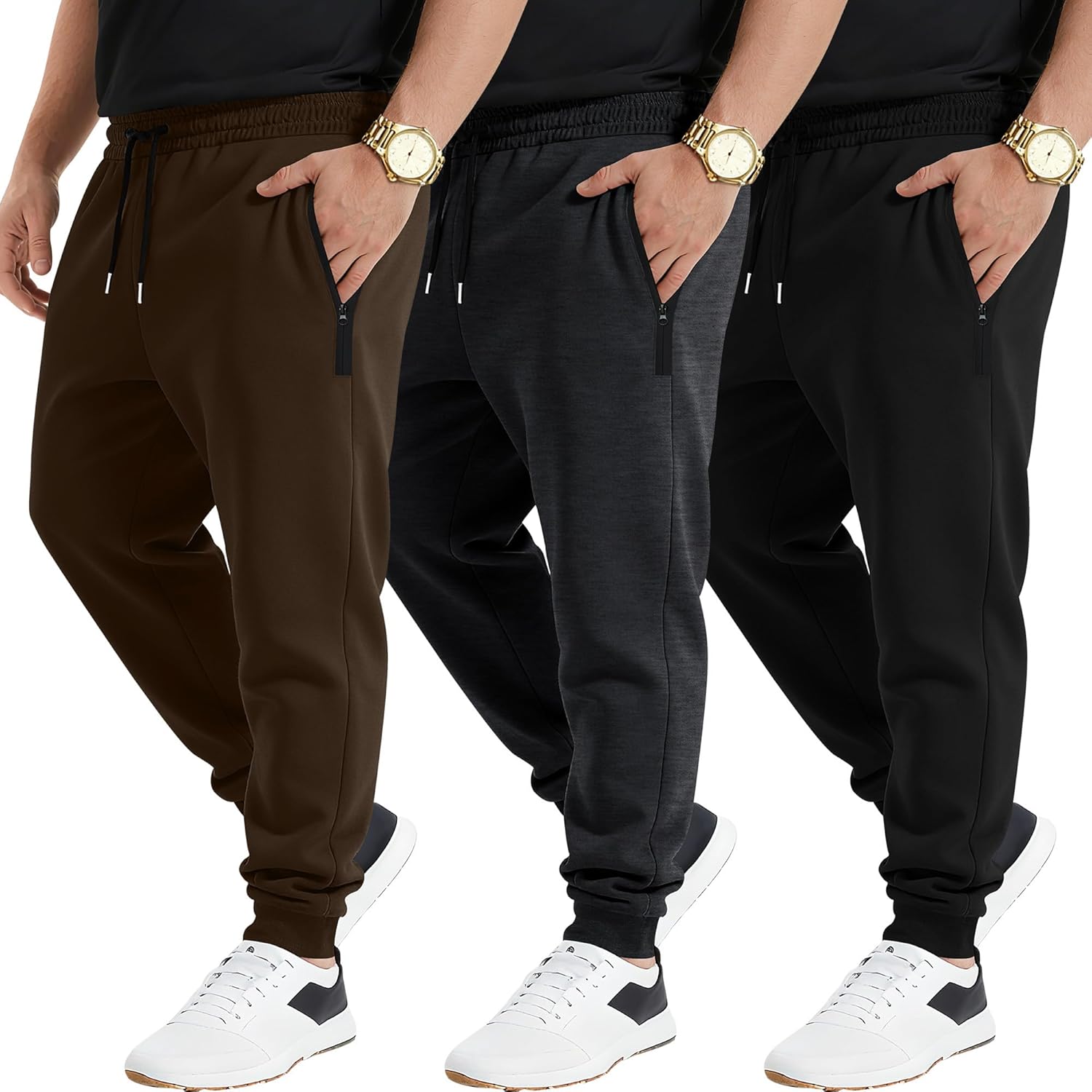 August Alley 3 Pack Men's Joggers Zipper Sweatpants, Athletic Loose Fit Pants Drawstring for Gym Running Soccer with Pockets
