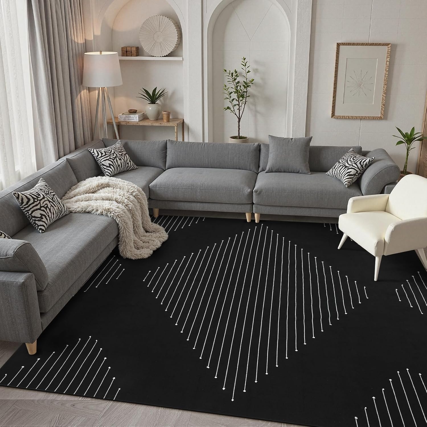 LIVEBOX Boho Black Area Rug 8 x 10 for Living Room, Bedroom Washable Moroccan Cotton Rugs, Large Carpet Thin Indoor Floor Rug for Dining Room, Home Office