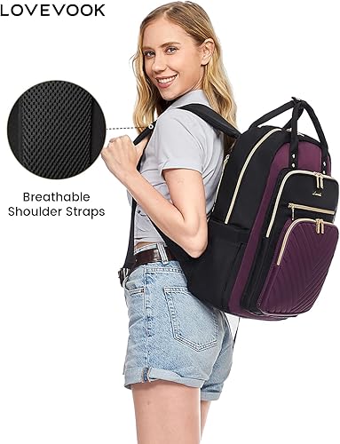 Miniatura 9 de LOVEVOOK Mochila para laptop para mujer, mochila de trabajo de moda con puerto USB, mochilas impermeables para el trabajo., Negro, púrpura, 17,3