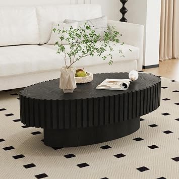 43.3" Oval Drum Coffee Table Handcraft Fluted Coffee Table Modern Luxury Wood Center Table with Sturdy Pedestal Rustic Farmhouse Tea Table End Table for Living Room Oval Black