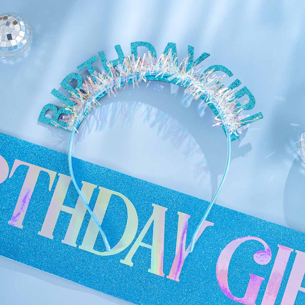 Light Up Birthday Crown and Sash LED Birthday Girl Headband Sashs Glowing Tinsel Headpiece Glitter Birthday Accessories Sets for Women (Blue) image 2