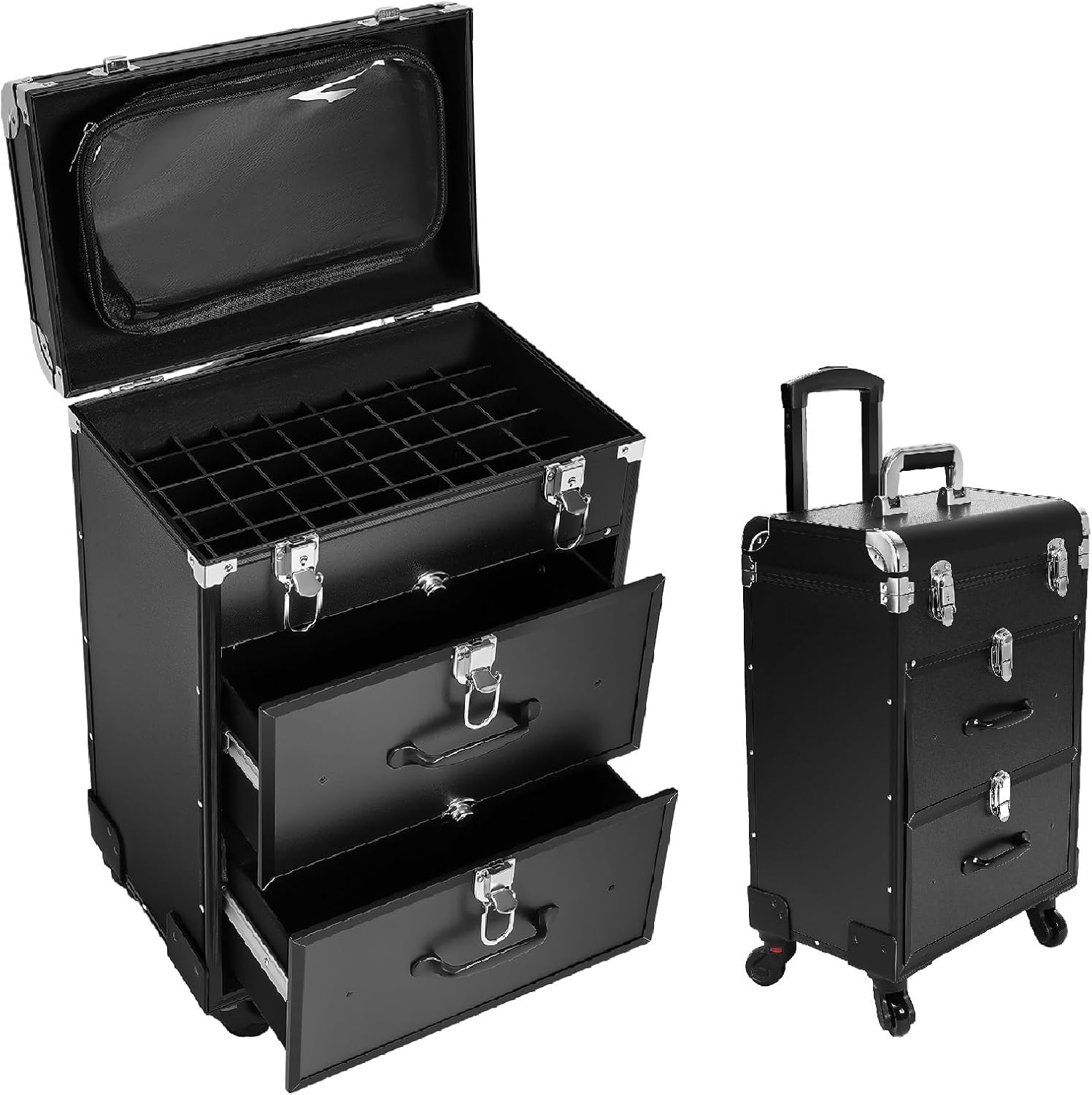 3-Tier Rolling Makeup Train Case with 2 Drawers, Professional Nail Polish Cosmetic Organizer Traveling Cart with 50 Small Compartments,Portable Makeup Trolley Cart,Lockable (Black)