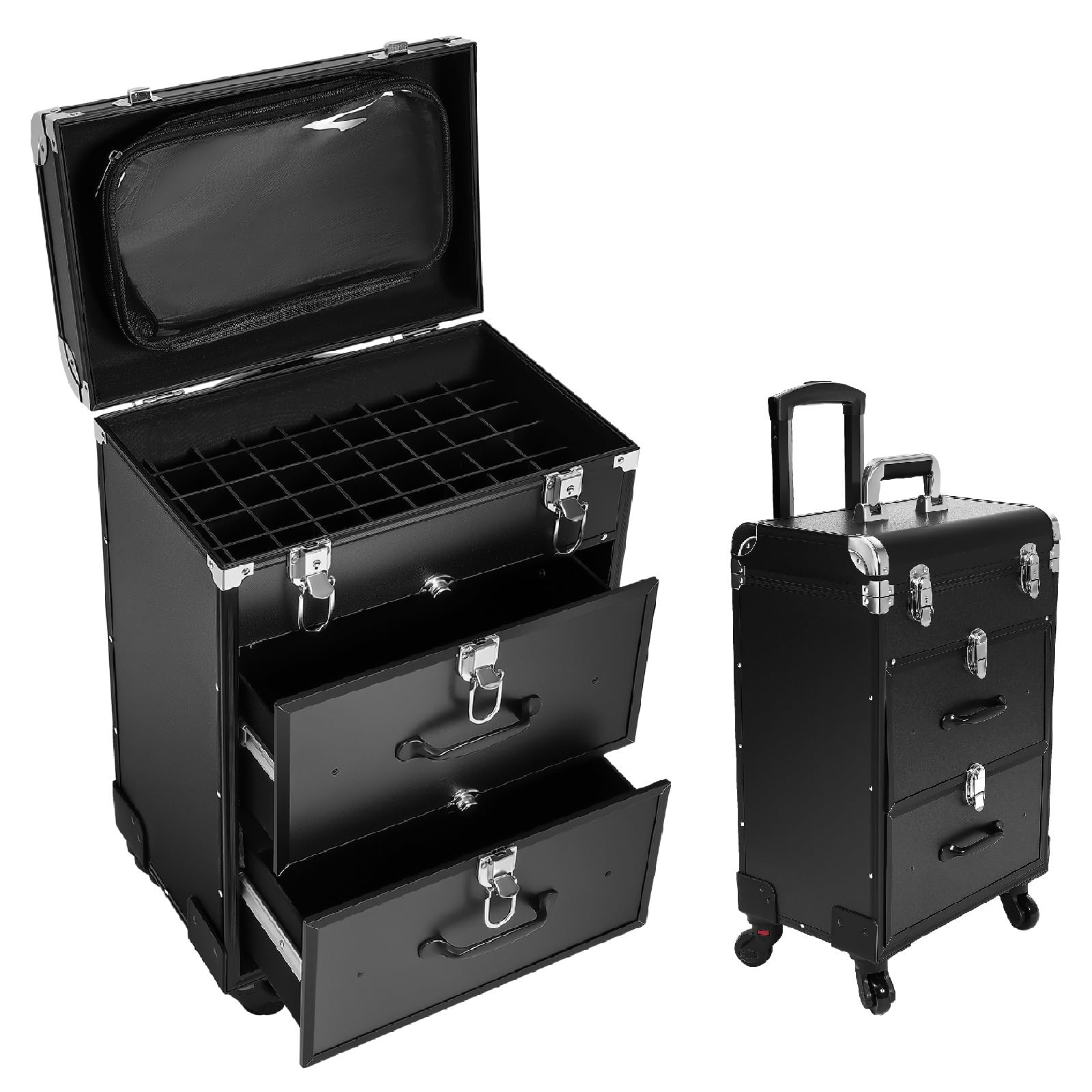 Professional Rolling Makeup Train Case with 2 Drawers,Black