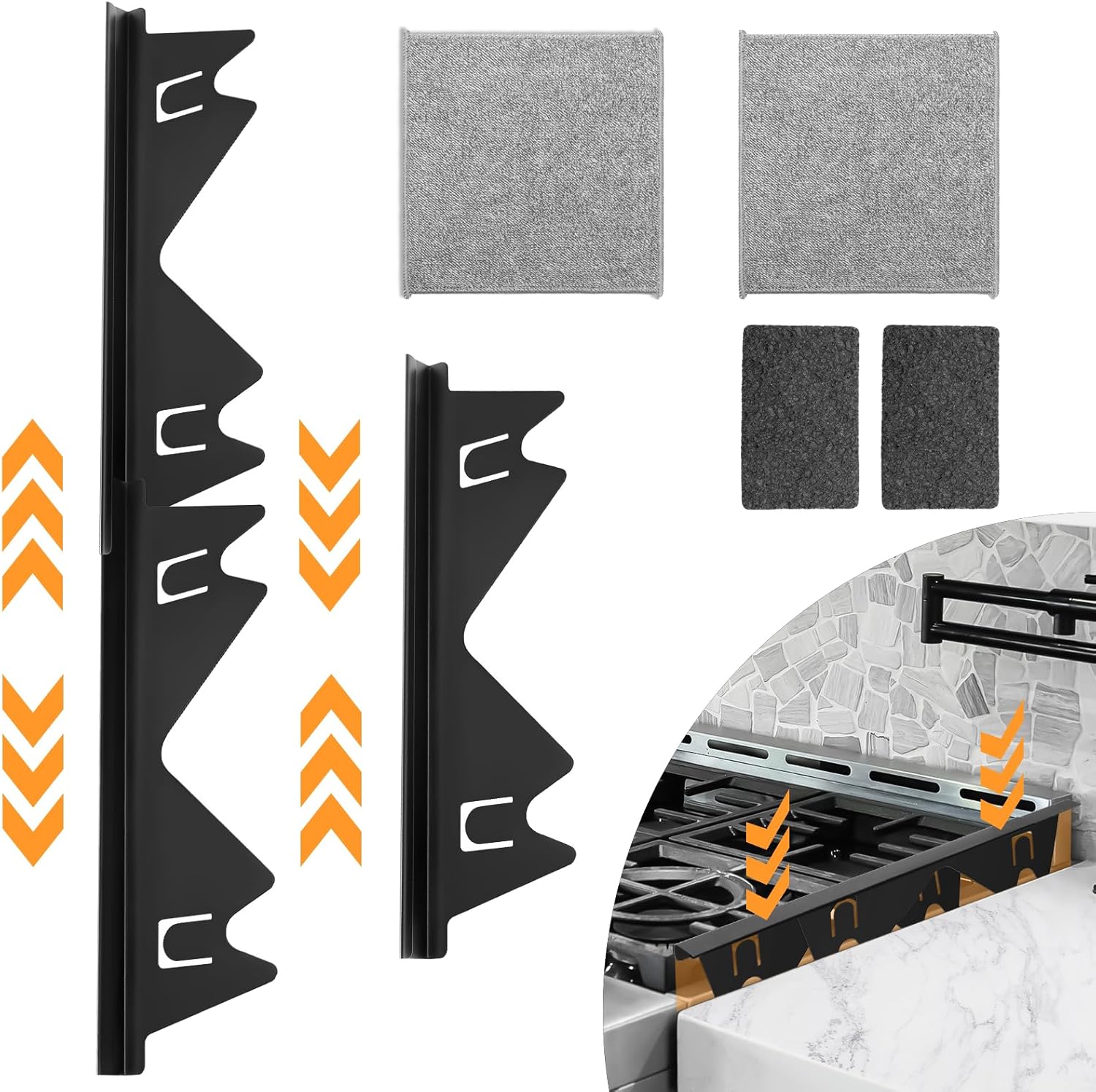 2+4Pack Stove Gap Cover Black Stainless Steel, Luxiv 2P Stove Gap Filler Adjust Length 13.8-27.6" Strip Between Stove And Counter Gap Cover of Side Stove Guards with 4P Cleaning Sponges, Cloth