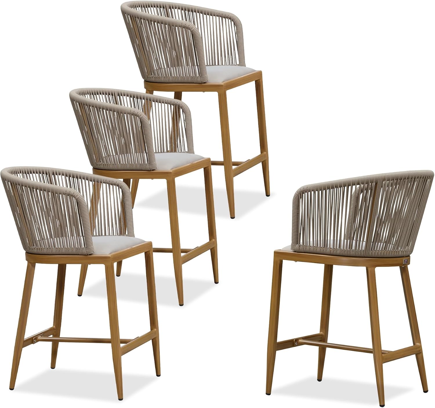 PURPLE LEAF 4 Pieces Counter Height Bar Stools Patio Modern Aluminum Rattan Bar Chairs with Embedded Cushions and Wraparound Back for Garden Pool Outdoor Barstools