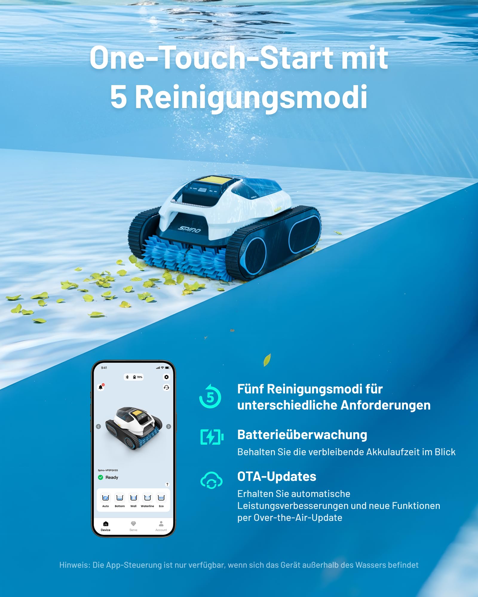 Spino E1 Poolroboter Akku Kabelloser, Boden und Wand, 5 Reinigungsmodi, Max 21950 LPH, 210 Min Laufzeit, Auto Wasserlinien Parkfunktion,SmartArc Routenplan (Spino E1 Neues)