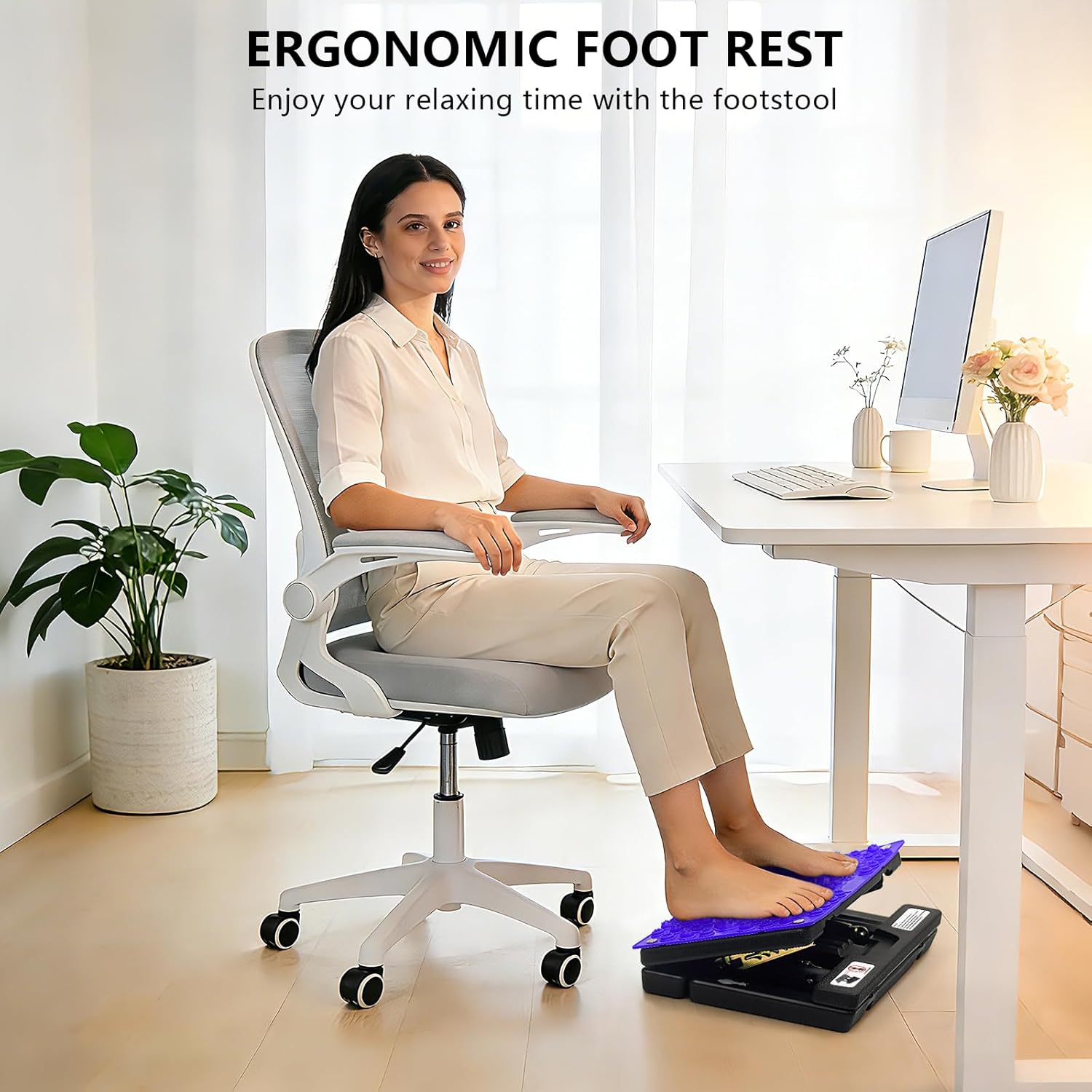 Footrest for Under Desk at Work, Height Adjustable Foot Rest with Reflexology Pad, Foldable Ergonomic Foot Stool for Muscle Tension Relief, Suitable for Office, Home & All-Season Use(Purple)