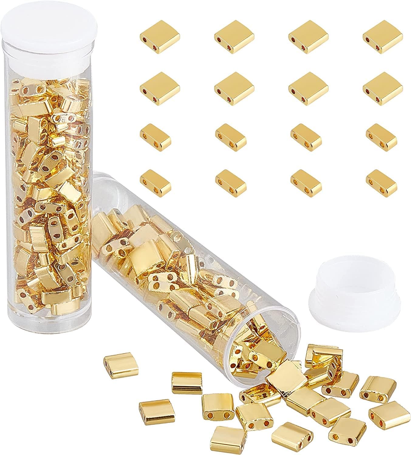 NBEADS About 226 Pcs 2 Hole Tila Beads Half Tila Beads, Golden Beads 2-Hole Glass Seed Beads Spacer Rectangle Mini Beads Japanese Glass Beads for Christmas Jewelry Making, 5*5mm/5*2.5mm