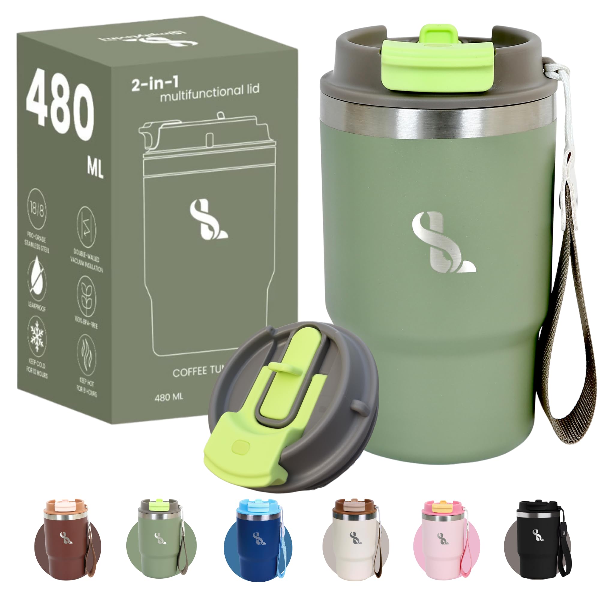 SimplyLivin. Insulated Tumbler with Lid and Straw | 480ml (16oz) | Travel Mug Coffee Cup Flask | Hot & Cold | Leak Proof | Double Wall Vacuum | Gift | Olive Green — image 1