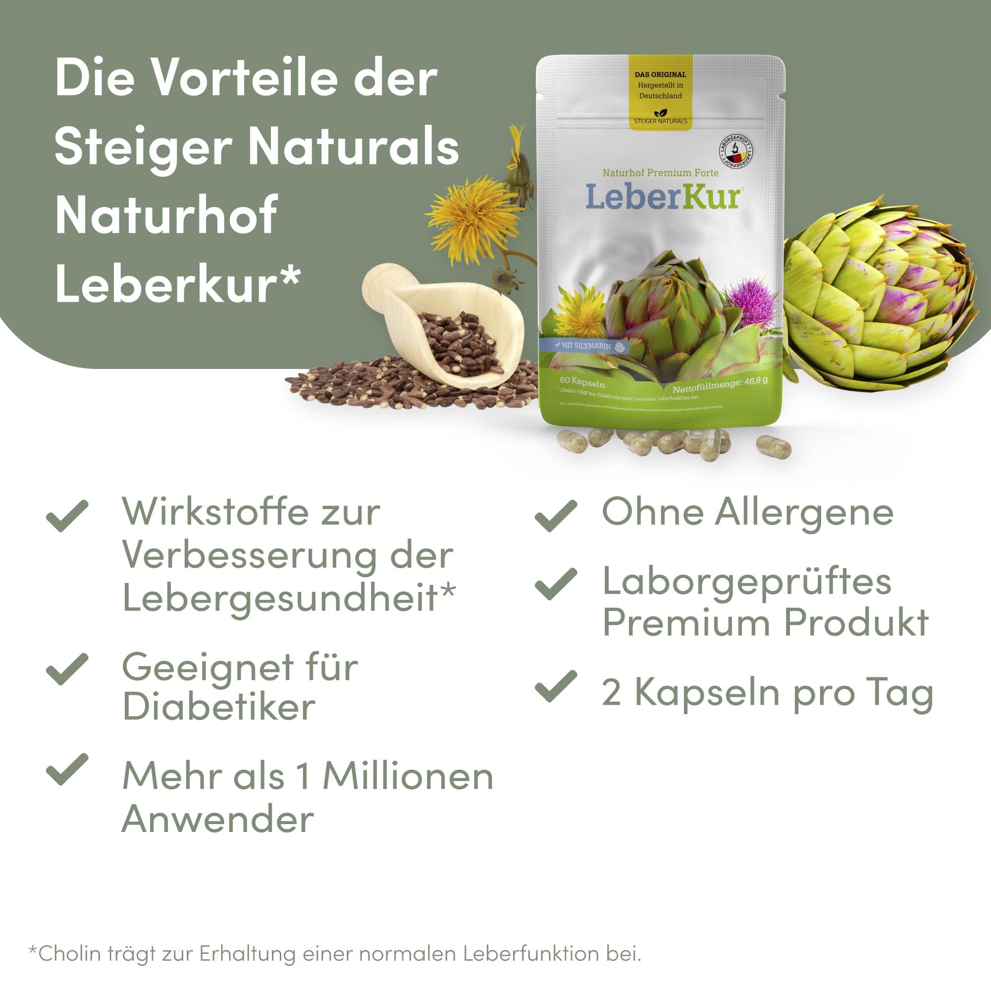Steiger Naturals Naturhof Leber Kur Das Original - Mariendistel, Artischocken, Cholin, Vitamin E & B12, vegan, 60 Kapseln für 1 Monat