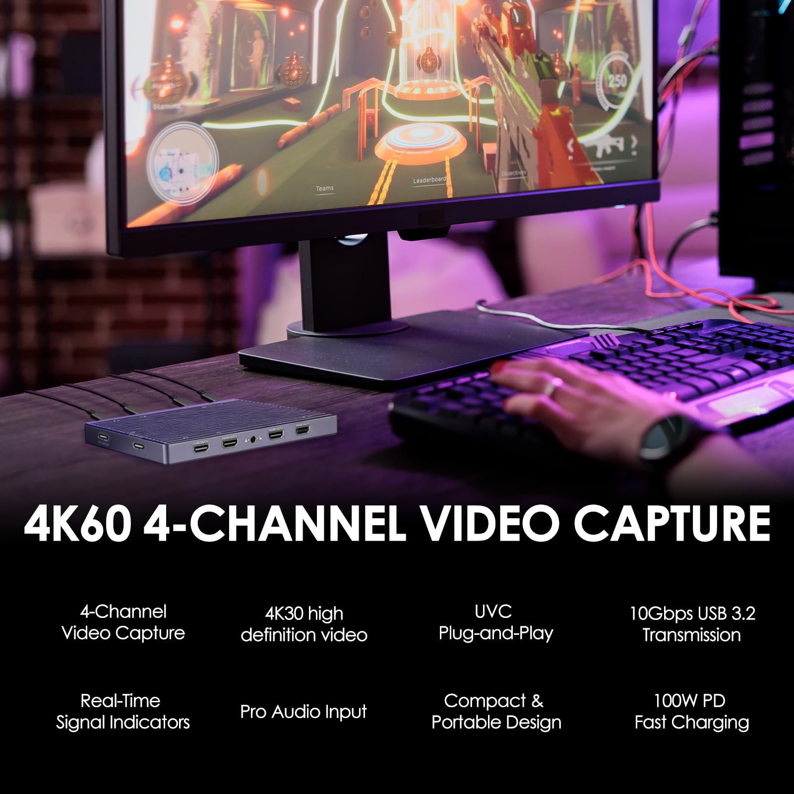 CineTreak CT-4 4K Video Capture Card - 4 HDMI-Eingänge, UVC Plug-and-Play, gleichzeitige 4-K-Aufnahme, 10 Gbit/s USB 3.2, Pro Audio-Eingang, 100 W PD Laden, für Streaming, Gaming, Videoproduktion