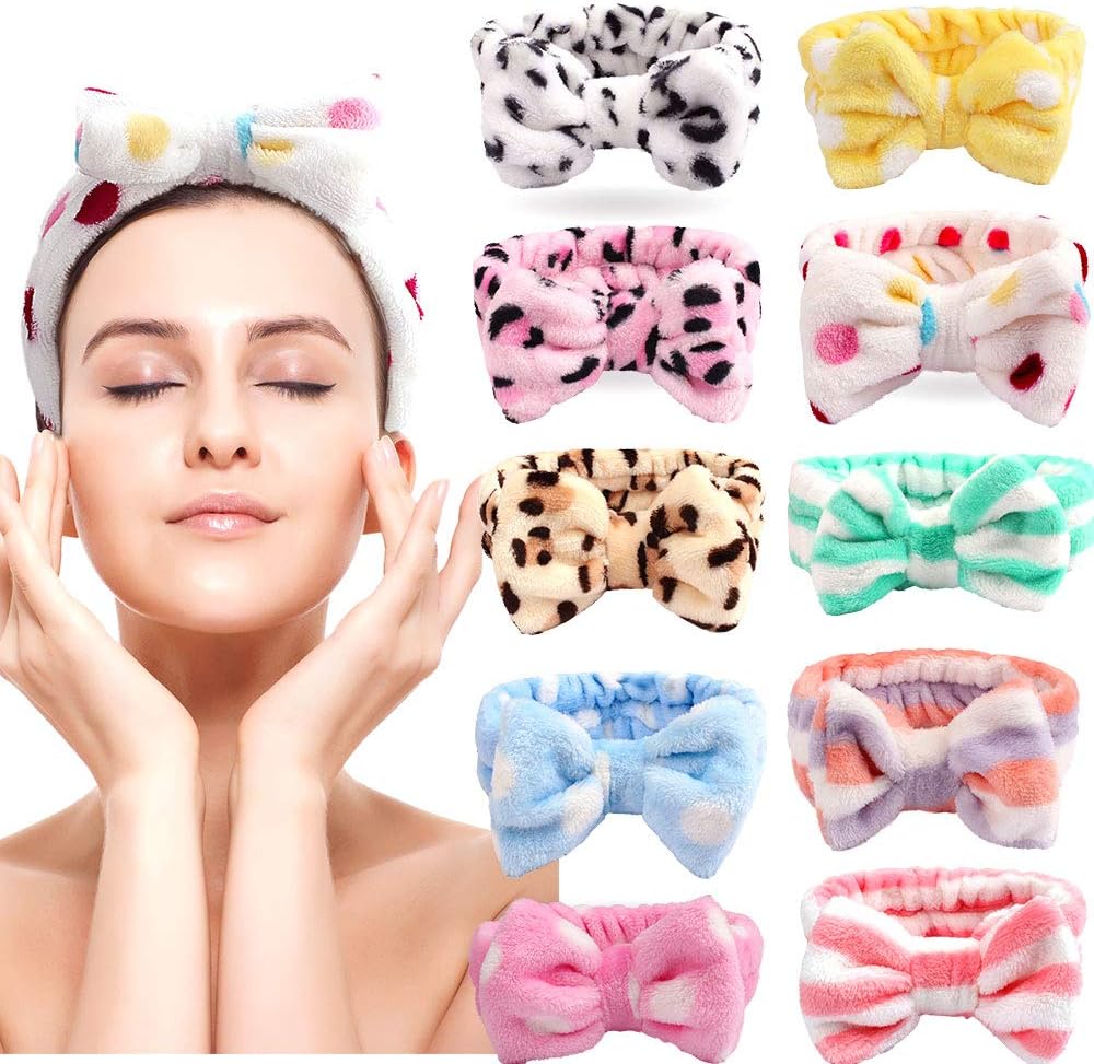 CUBACO Spa Headband Hair Wrap Spa Facial Headbands for Women 10 Pack Bow Hair Band Bow Spa Headbands for Washing Face Soft Carol Fleece Bowknot Makeup Shower Headbands Head Wraps Shower Spa Mask (t1)