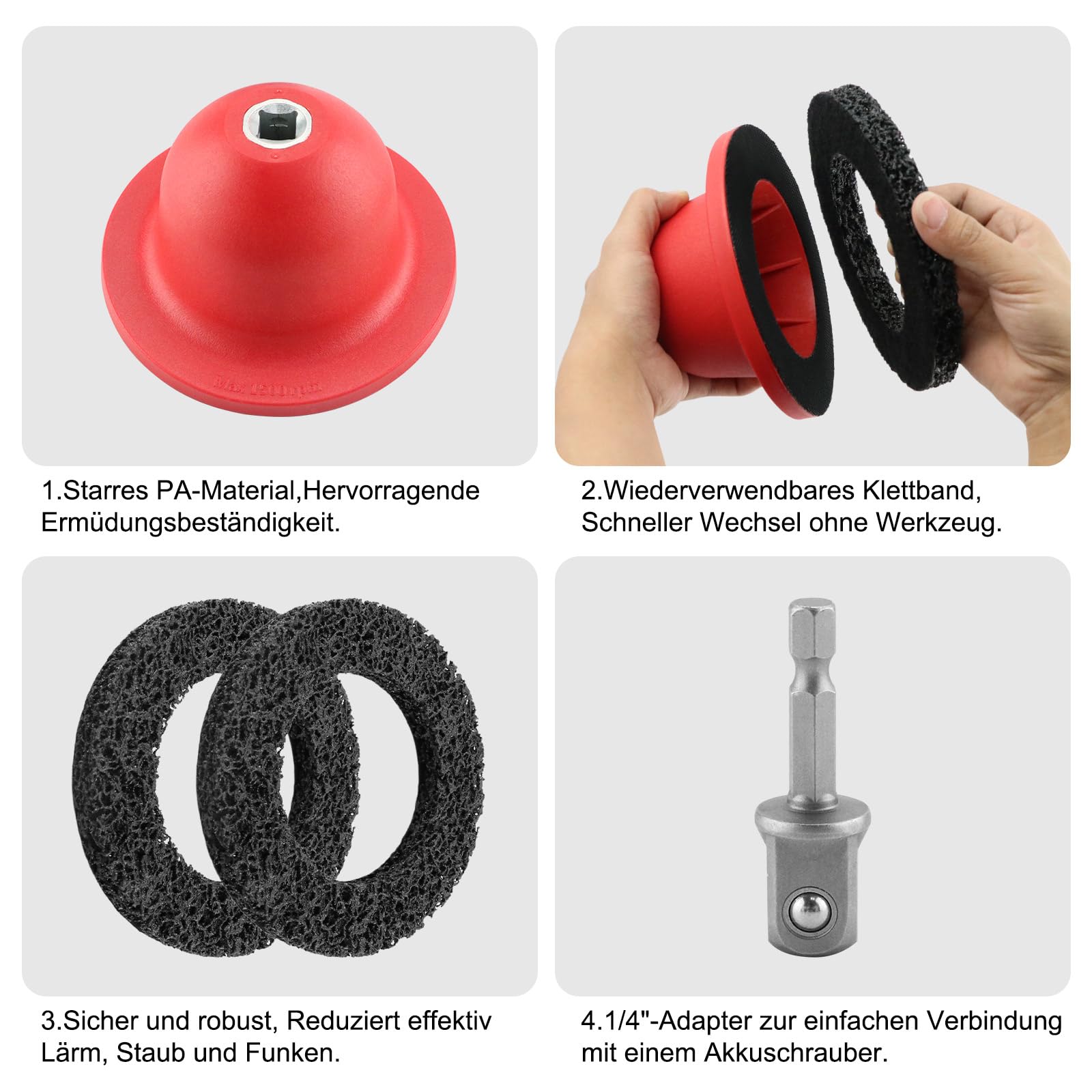 Radnabenschleifer mit 2x Schleifscheiben, Nabenreiniger inkl. Adapter für Akkuschrauber, Rostentferner Kugelkopfschleifer mit 1/2"-Antrieb, 2x Silizium-Karbid-Scheibe Ø 150 mm für Felgenreinigung