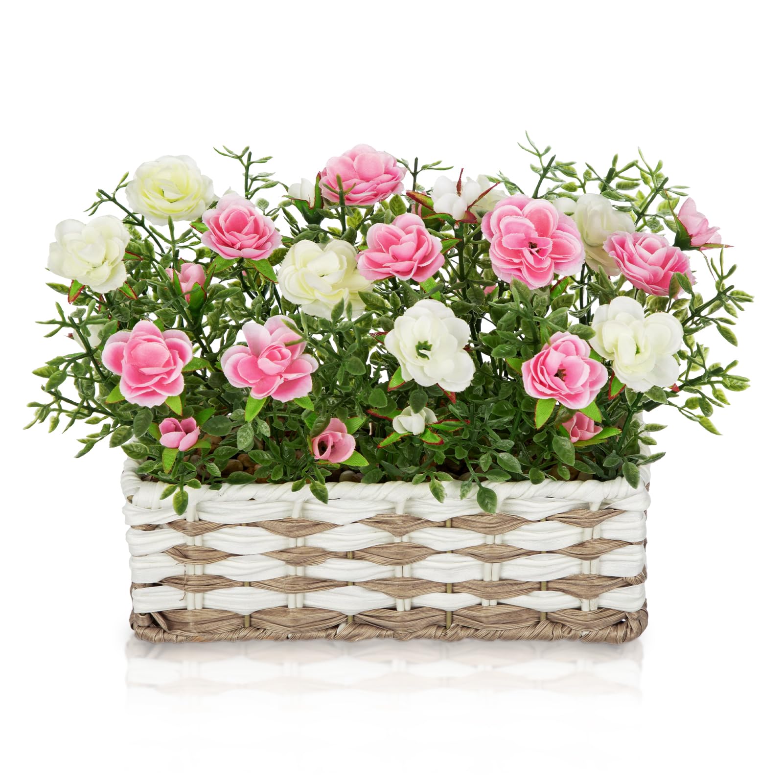 Arborus Artificial Flowers in Pots Faux Pink Rose Arrangement with Rustic Pot Realistic Silk Flowers with Greenery Spring Table Centrepiece for Home Desk Balcony Windowsill Spring Décor — image 1