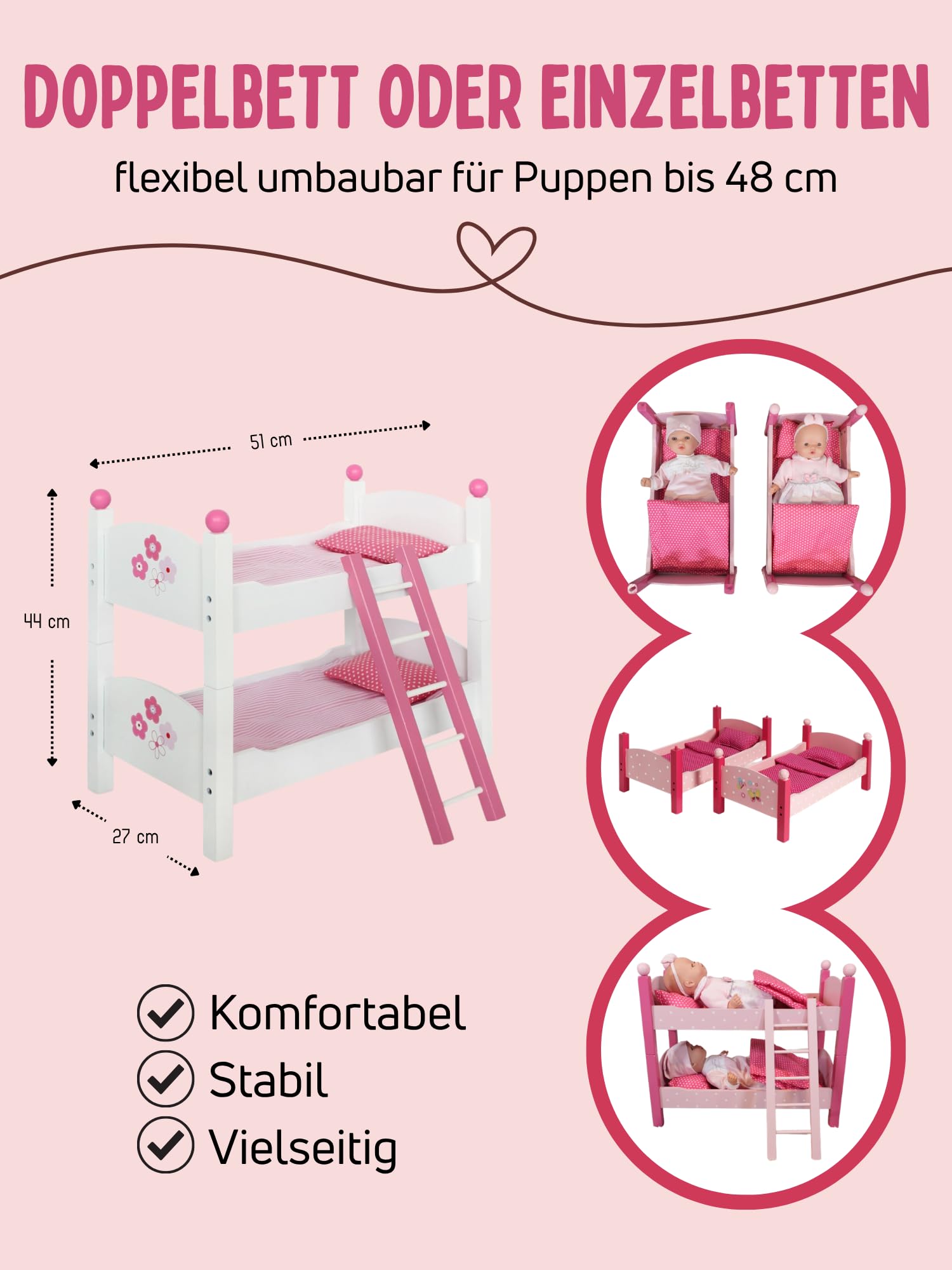 Bayer Chic 2000® Puppenbett Doppelstockbett – Fiori Pink Weiß – Puppenhochbett mit Leiter & Bettwäsche – Puppen bis 48 cm – Puppenzubehör, Holzpuppenbett, Twin