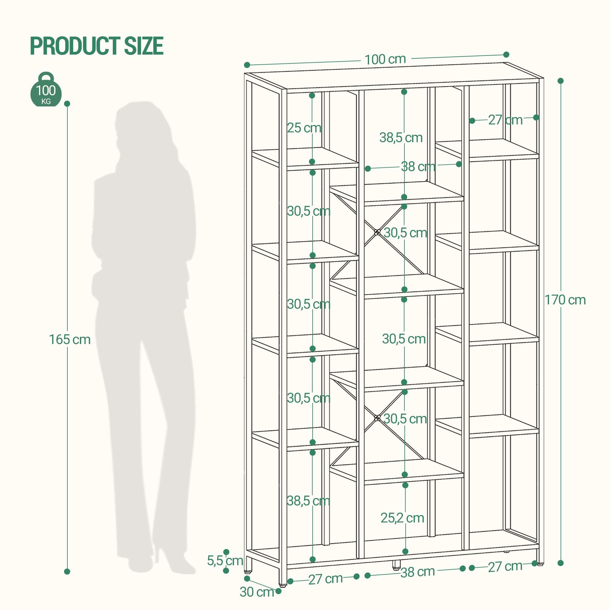Hzuaneri Libreria, Scaffale a 6 livelli con 15 Ripiano, Grande scaffale regolabile, per soggiorno, ufficio, camera da letto, studio, 30 x 100 x 170 cm, Marrone Rustico e Nero, BC15001B
