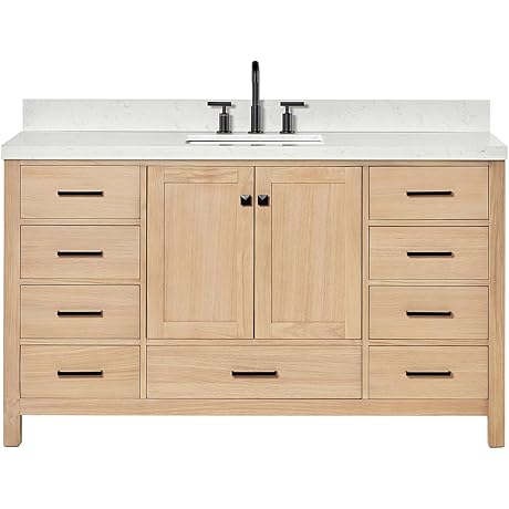 ARIEL 60" Bathroom Vanity with Sink, American White Oak, Carrara Quartz Countertop, Black