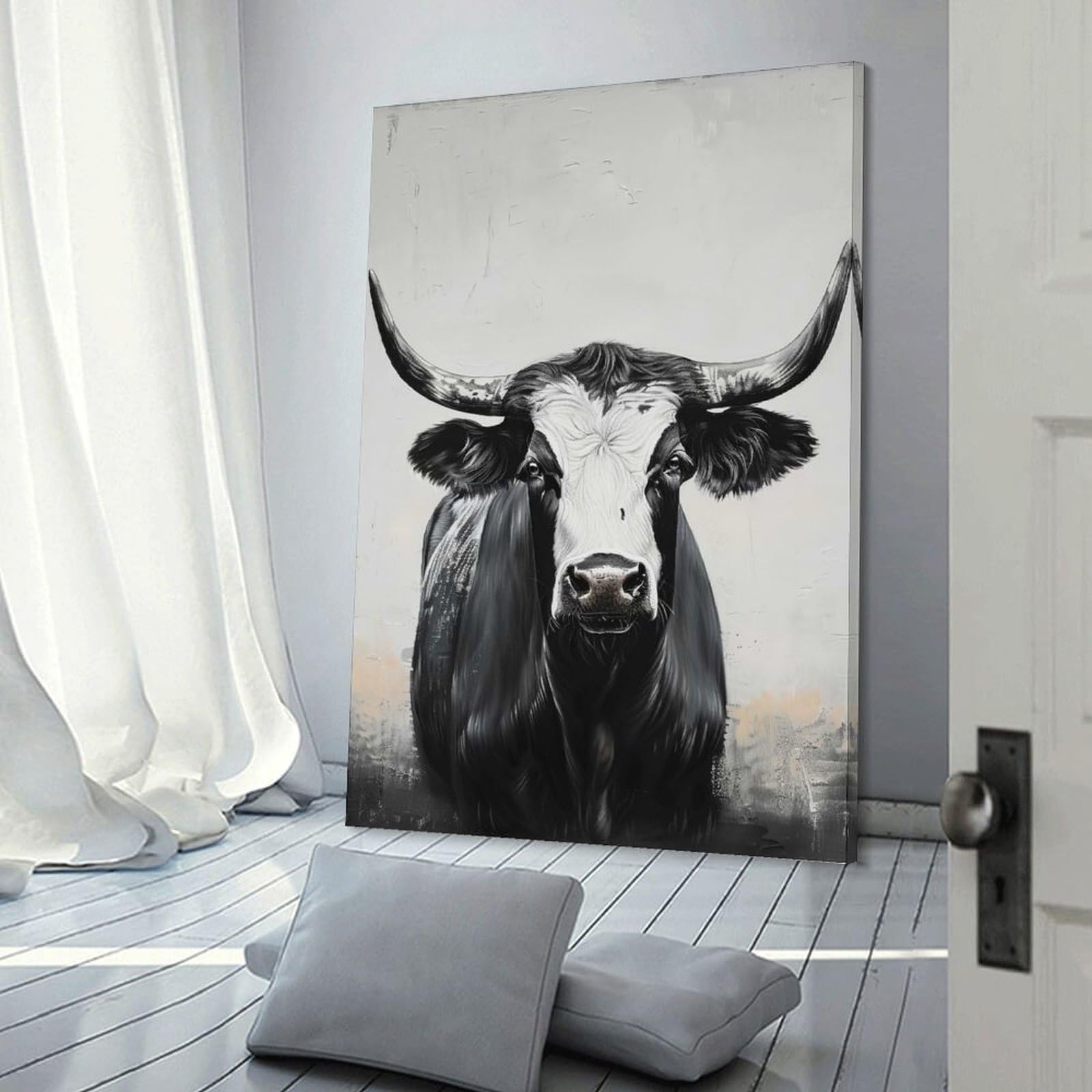 Junmoney Wall Picture Print Black And White Bull Portrait, 08x12inch(20x30cm), for Wall Displays, Bedrooms Or Room Updates, Wall Decor Suited to Curated Displays