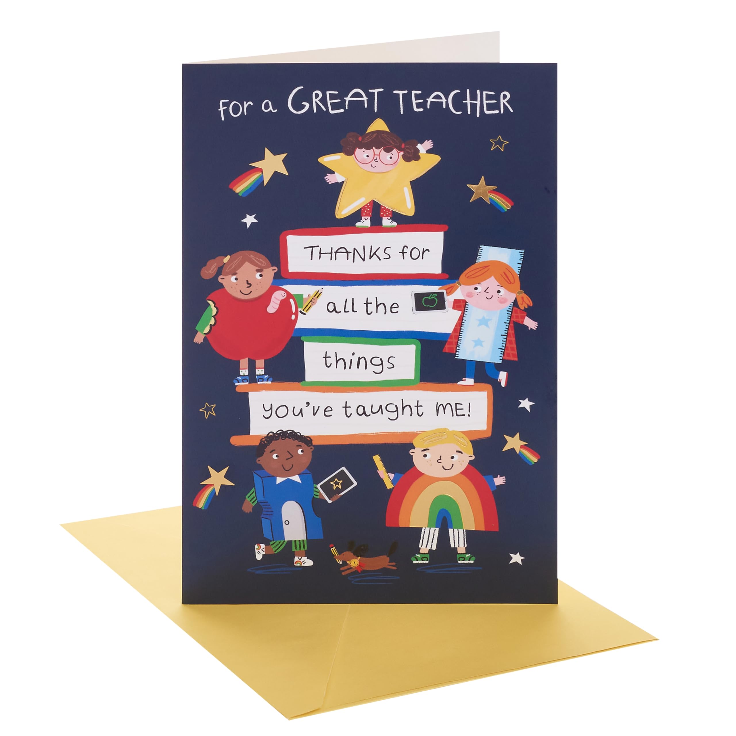 UK Greetings | Thank you Card for Teacher | Appreciation Cards | Her/Him | Characters & Stacked Books Design | With Envelope | 13.7 x 21 cm