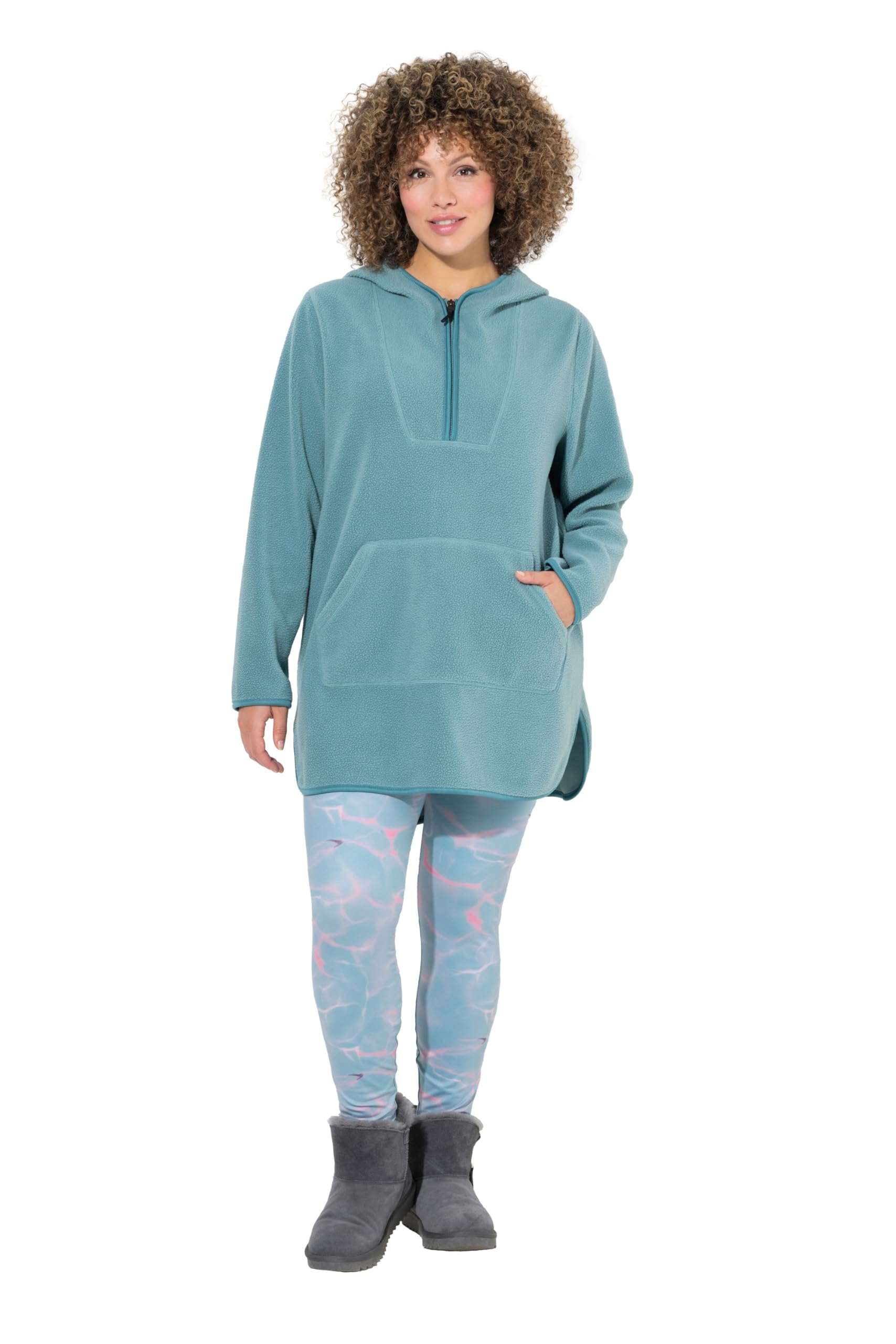 Ulla Popken Damen große Größen Übergrößen Plus Size Long-Teddy-Fleecepullover, Kapuze, Zipper, Langarm 800546