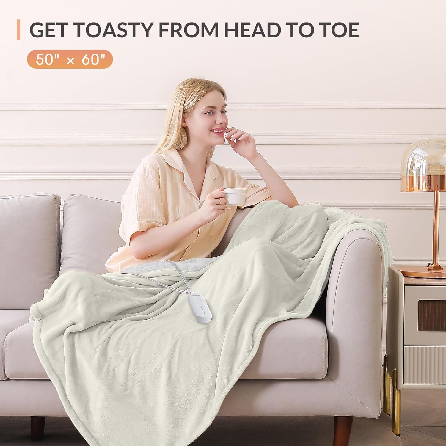 HOMLYNS LuxeHeat Heated Blanket Electric Blanket, Soft Flannel Sherpa Heated Throw, Heating Blanket with 5 Heat Settings, 3 hrs Timer Auto Shut Off (50x60 inches, Cream) - Image 3