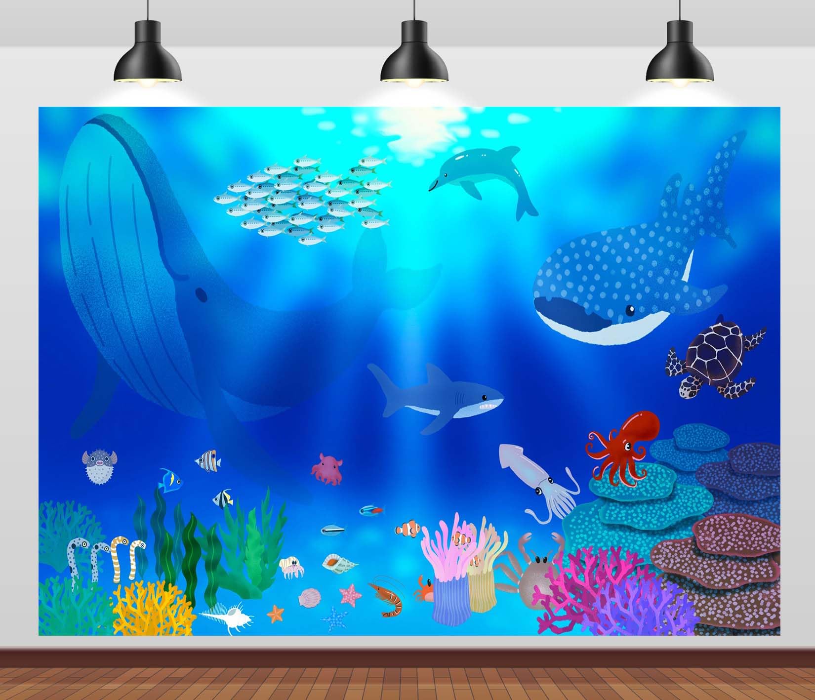 20x10FT (6x3m) Animali Sottomarini Colorati E Coralli Sfondo Fotografico | Avventura Oceanica Illustrata Fondale In Tessuto,Balene Delfini Tartaruga,Per Feste Marine E Foto Per Bambini,Photo Booth