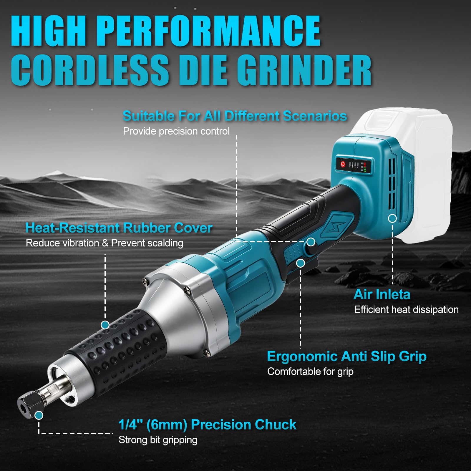 Smerigliatrice dritta a batteria compatibile con Makita da 18 V, senza spazzole, con pinza di serraggio da 6 mm e regolazione della velocità a 4 livelli, strumento multifunzione per