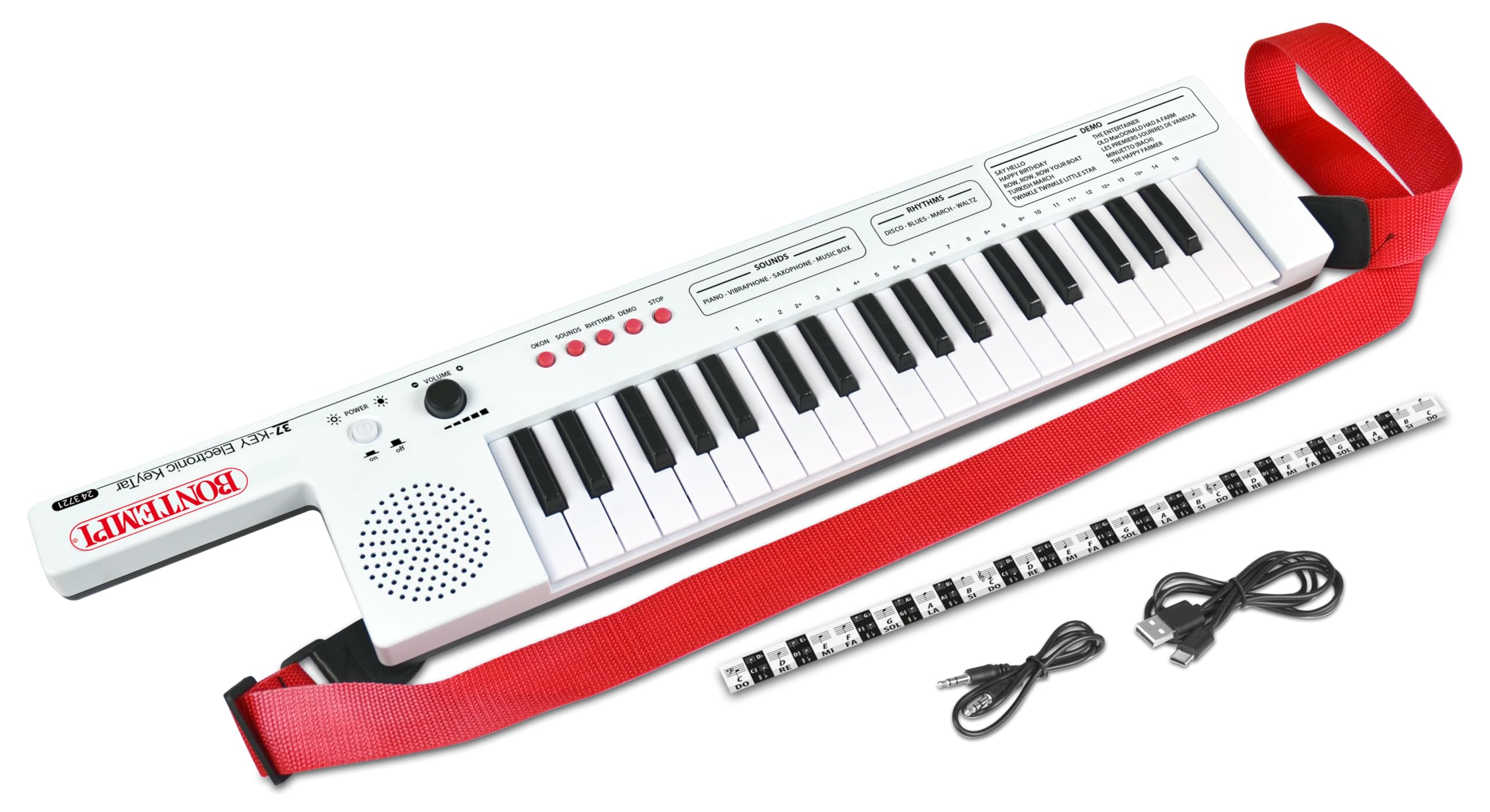 BONTEMPI - Keytar Electrónico de 37 Teclas con 4 Sonidos 4 Ritmos 10 Pistas Pregrabadas Función Okon Ajuste de Volumen USB Tipo-C Recarga de Batería Bandolera Tira de Pentagrama 550x112x40 mm
