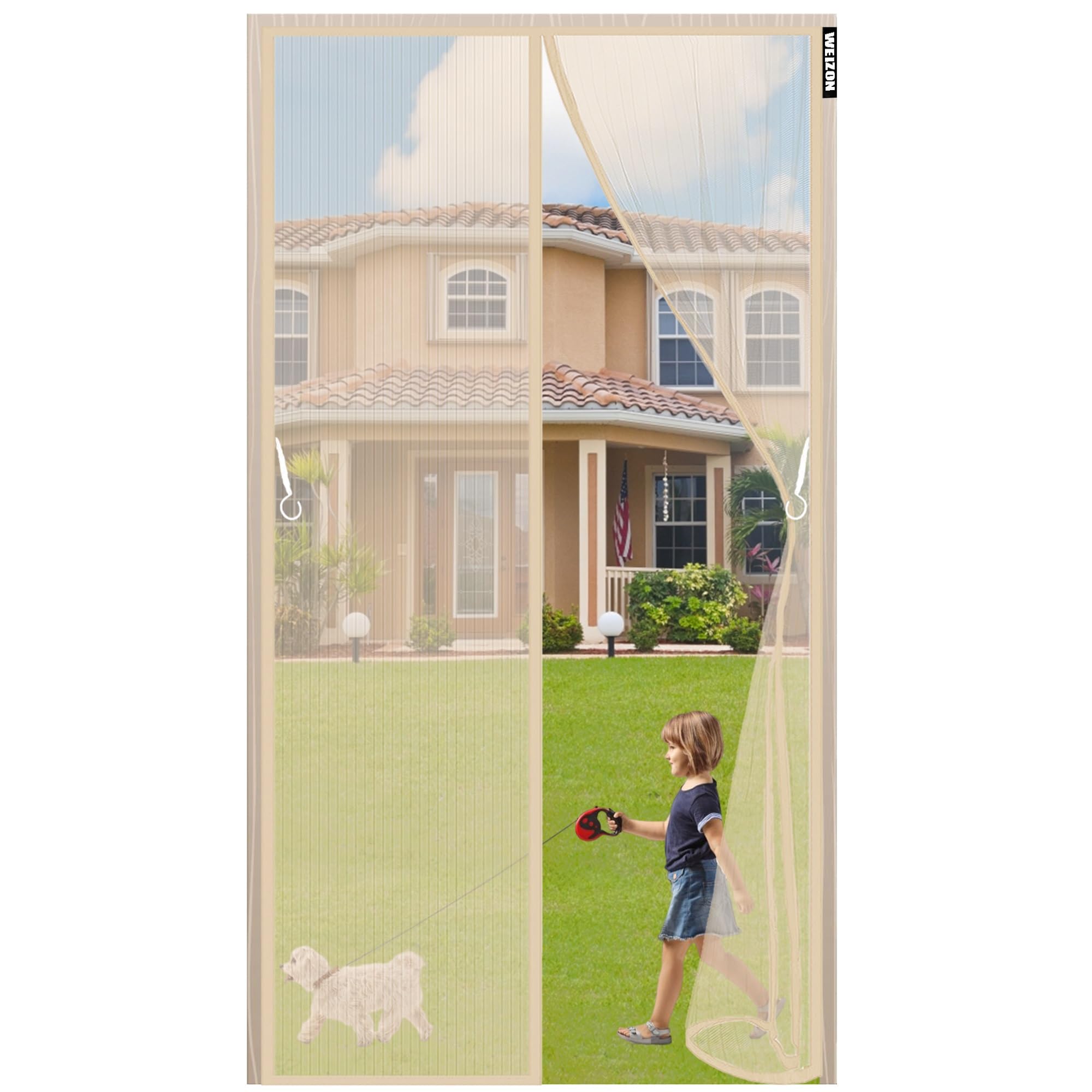 Weizon Beige A Magnetic Screen Door 2021 Upgraded 95X200cm(37X79inch) Magnetic Screen Door Mesh Curtain -Mosquito Net, Mesh Door For Front Door And Home Outside Kids/Pets Walk Through Easily Fit - Beige