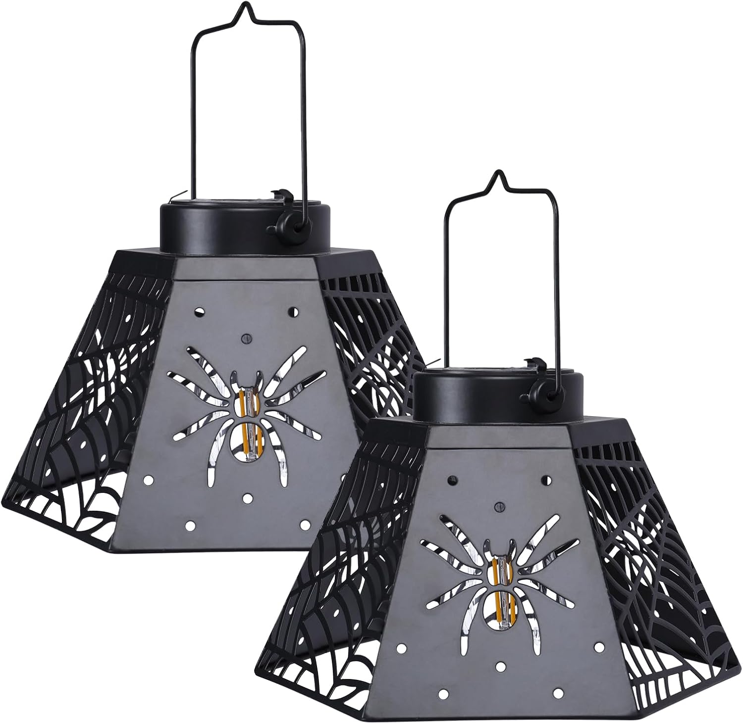 2-Pack 8.6" Halloween Solar-Powered Lanterns with Spider Outdoor Lantern Projection Lights, Waterproof Solar Stake Lights for Garden, Yard, Pathway Decor
