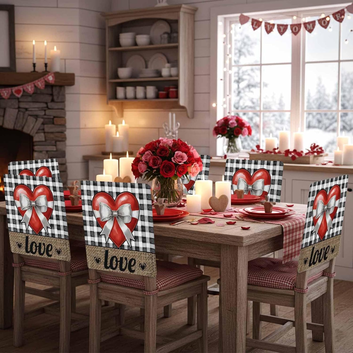 Valentine's Day Chair Covers Set of 4 Bowknot Love Heart Chair Slipcover Protector Stretch Chair Covers Black Buffalo Plaid Linen Chair Back Covers for Dining Chairs Kitchen Dinner Wedding Party