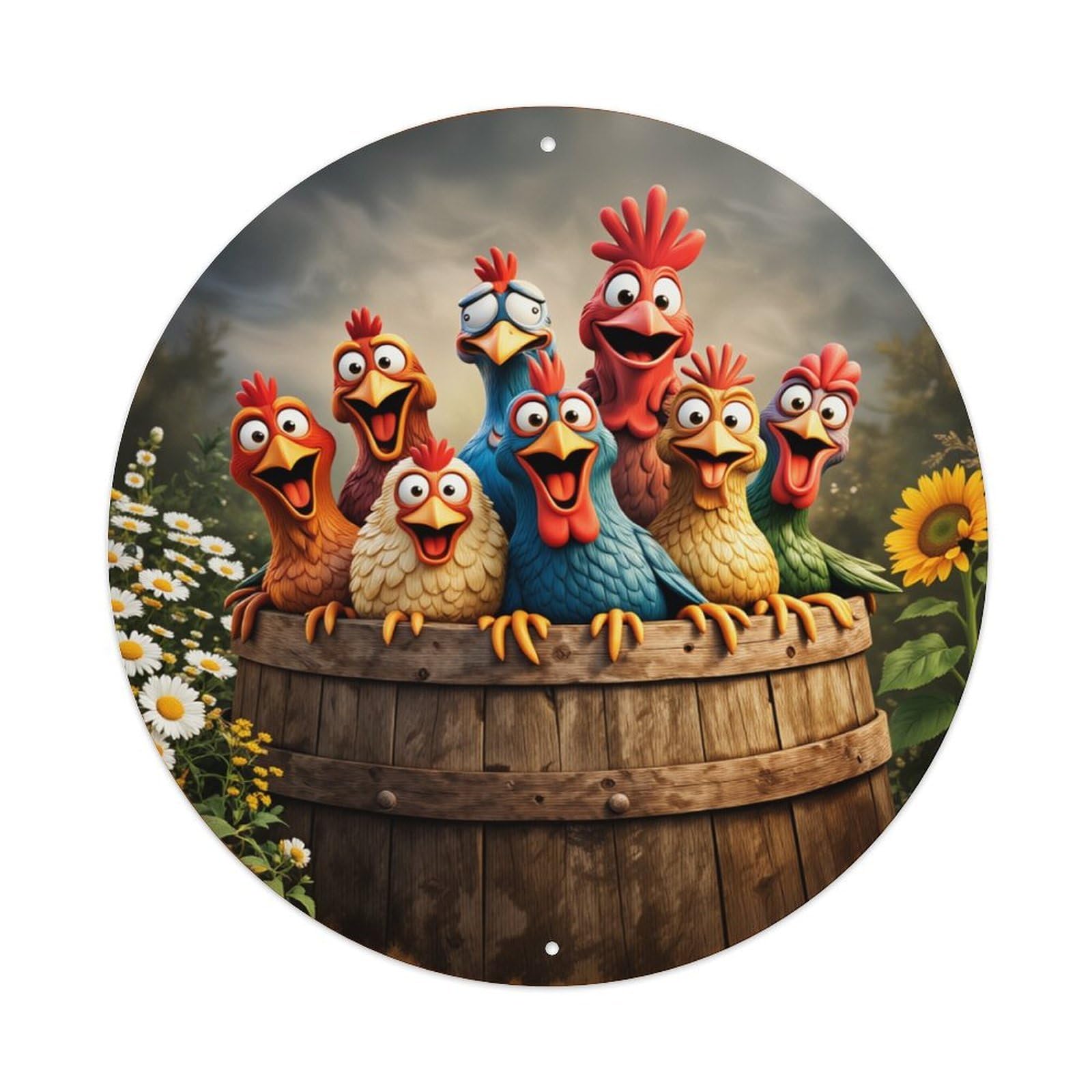 Colorful Chickens In Barrel Garden Round Tin Sign Retro Metal Sign for Cafe Bar Pub Home Game Room Gym Club Wall Decoration Vintage Metal Poster 8x8 Inch