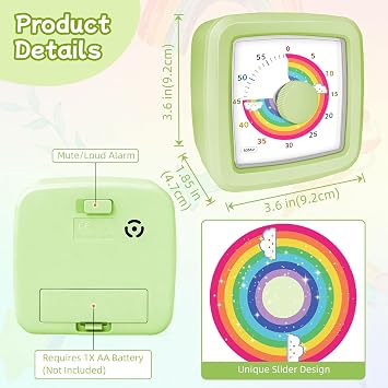 Visual Timer for Kids 60 Minute Countdown Clock – Silent Cube Timer with Rainbow Cloud Design, Plastic Kids Visual Timer Focus Tools for Kid, Toddler Timers for Classroom Home Kitchen, Green