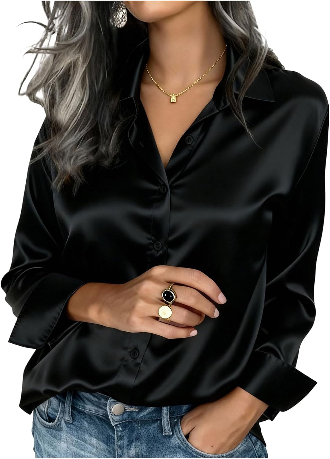 GORGLITTER Women's Plus Size Blouses Tops Satin Casual Dressy Silk Long Sleeve Button Down Shirts Business Office Shirt