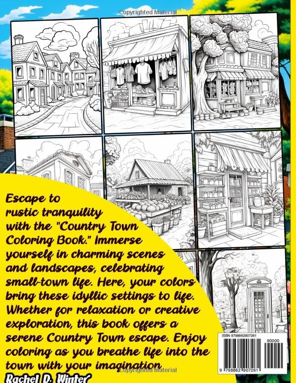 Vista 2 de Country Town Coloring Book Relaxing Coloring Pages featuring Charming Country Market, StreetSide Café, Old Phone Booth, Rustic Rural Church &