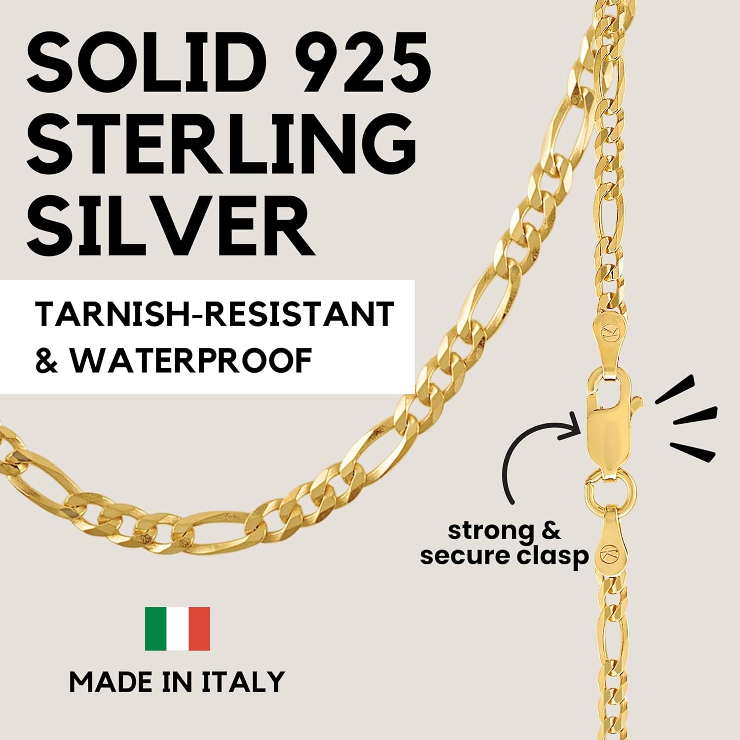 KISPER Gold Chain for Men and Women - 18K Gold Plated 925 Sterling Silver Italian Figaro Mariner Curb Chain Necklace - Made in Italy - Image 5