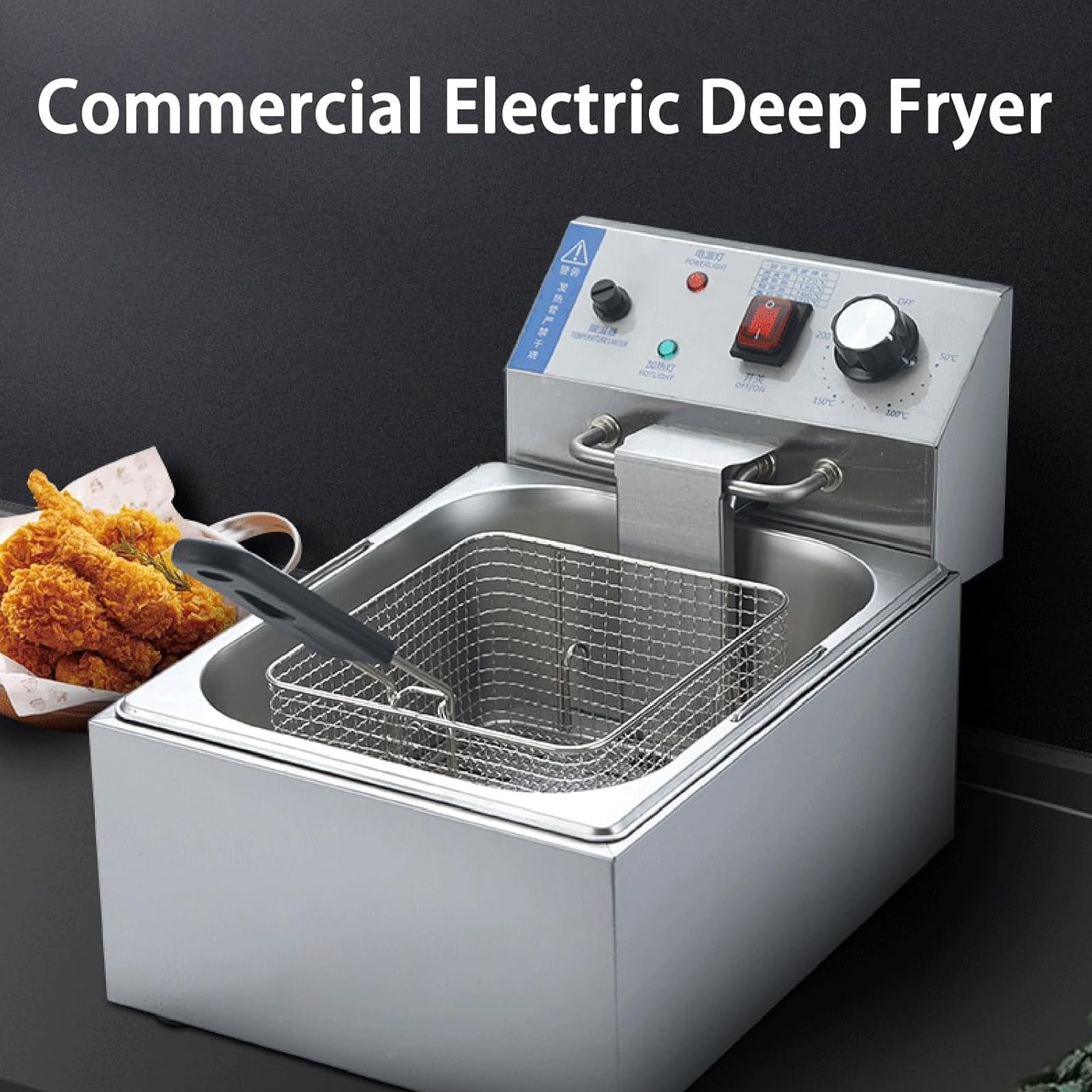 Professional Freidora Eléctrica, Acero Inoxidable, 6 litros, Termostato Ajustable, Indicadores Luminosos, Asas Resistentes Al Calor, 2500 W, para Usos Comerciales