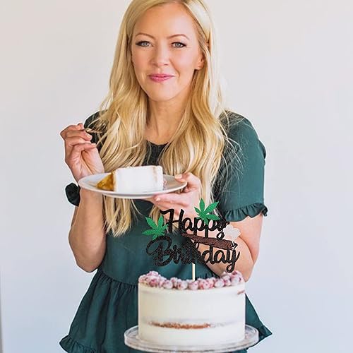 Miniatura 4 de 1 paquete de decoración de pastel de feliz cumpleaños con purpurina 420 cumpleaños temático para pasteles, maceta, hojas de maleza, decoración para