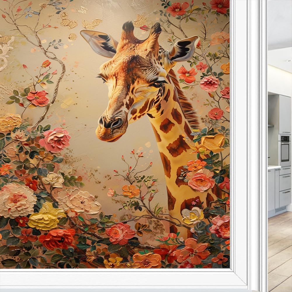 Vintage Animal Stained Glass Window Film, Abstract Colorful Flower Plant Giraffe Decorative Frosted Glass Privacy Film, Heat Control Static Cling Window Sticker 70x120 cm