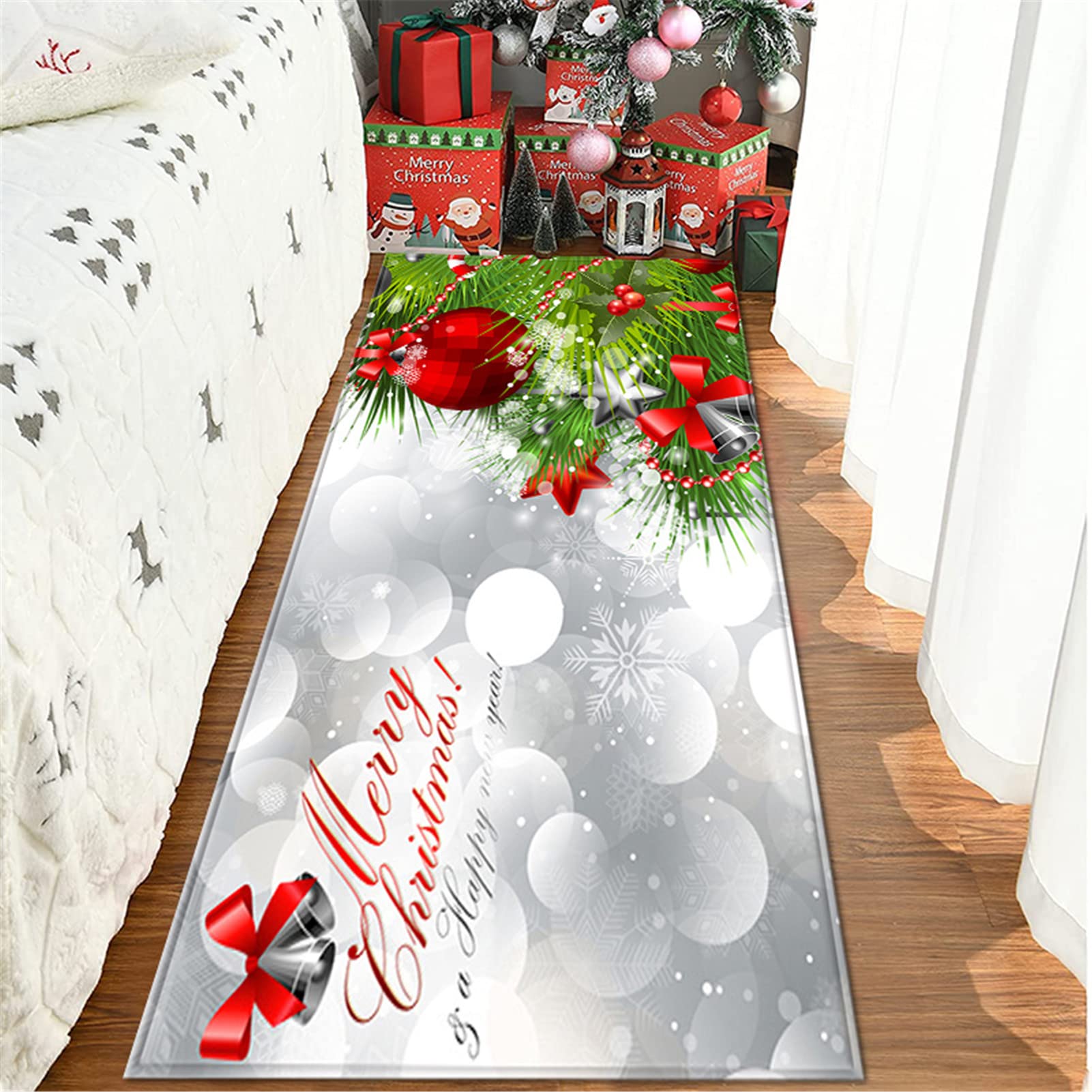 Alfombra Entrada Navidad Interior, Navidad Decoración Felpudo con Patrón Navideño, Alfombra Navideña Lavable Antideslizante para Cocina, Baño, Sala De Estar, Dormitorio,7,60x180cm/23.6"x70.8"